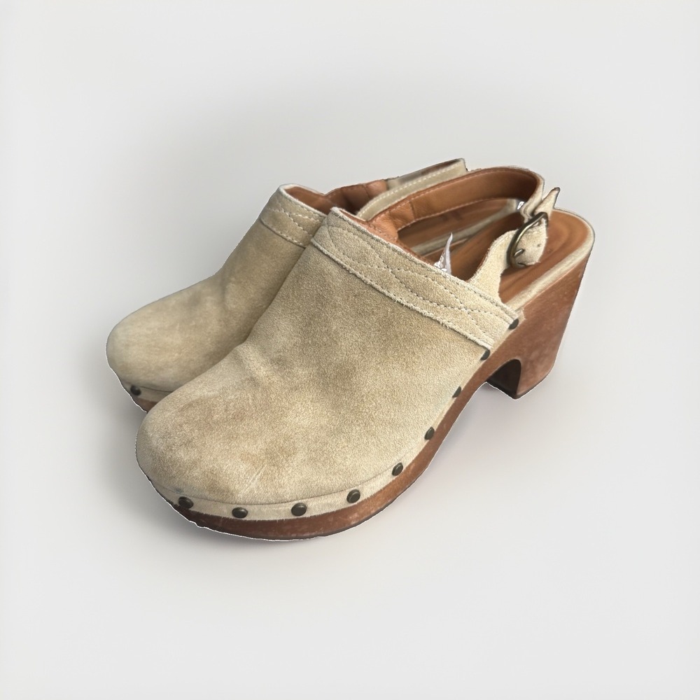 Sezane Taylor Clogs Tan Suede Leather Wooden Platform Block Heel Studded US 7 38